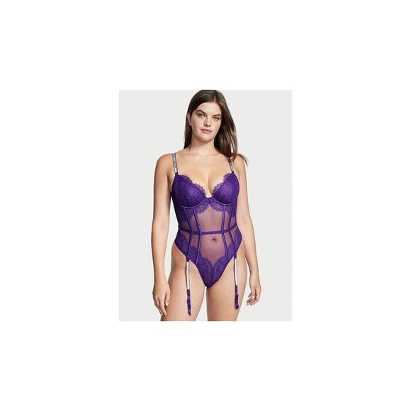 VICTORIA'S SECRET VERY SEXY SHINE STRAP LACE DEMI TEDDY W/ GARTERS SMALL purple - Picture 5 of 6